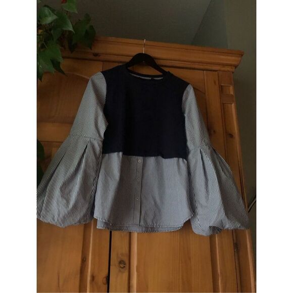 Halogen  Blouse Long Bell Sleeves  Navy Blue Striped Size S - Picture 6 of 13